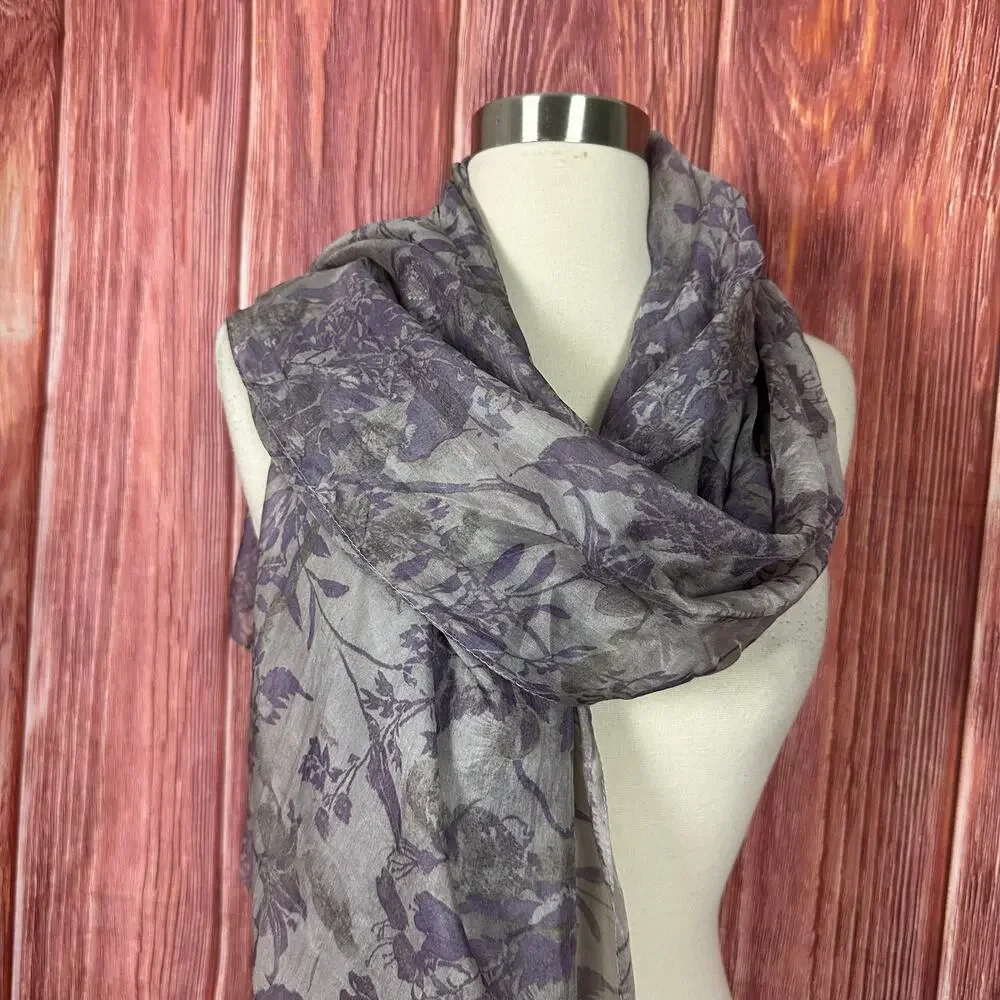 Peruvian Connection Scarf Shawl Floral Botanical Print 100% Silk Purple 29x67 in